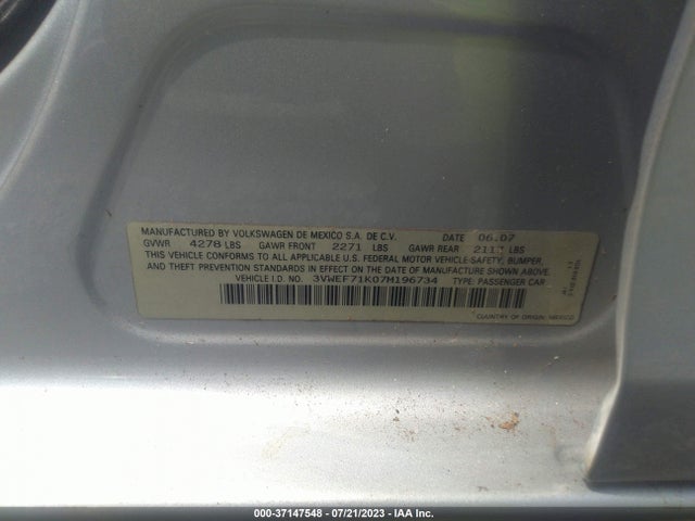 2007 VOLKSWAGEN JETTA SEDAN WOLFSBURG EDITION VIN: 3VWEF71K07M196734