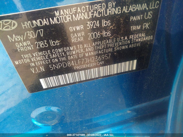 2018 HYUNDAI ELANTRA SEL VIN: 5NPD84LF7JH236957
