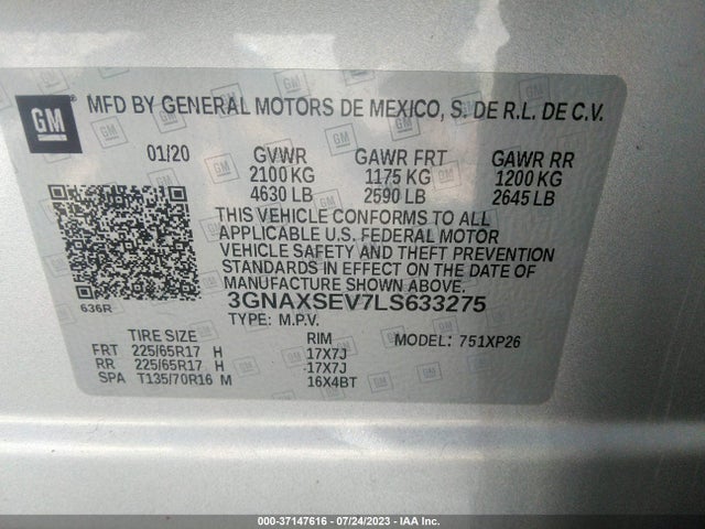 2020 CHEVROLET EQUINOX LS VIN: 3GNAXSEV7LS633275