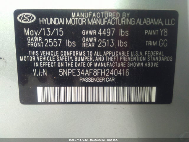 2015 HYUNDAI SONATA 2.4L LIMITED VIN: 5NPE34AF8FH240416