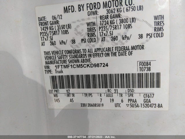 2012 FORD F-150 XL/STX/XLT VIN: 1FTMF1CM5CKD98724