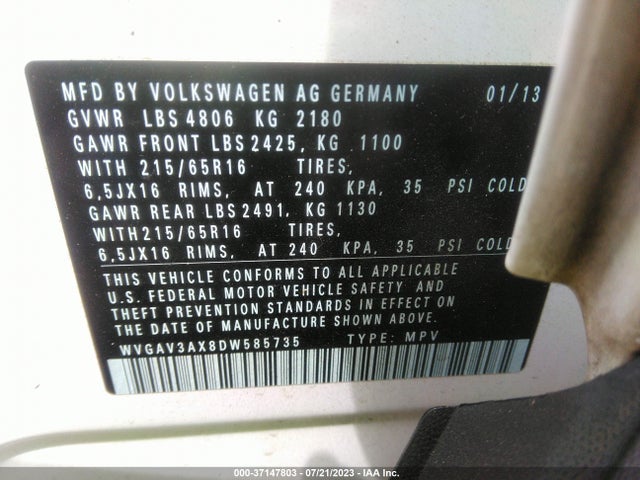 2013 VOLKSWAGEN TIGUAN S VIN: WVGAV3AX8DW585735