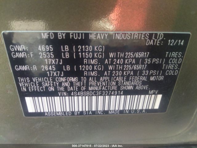4S4BSBDC3F3274914 Subaru Outback 2.5i Premium