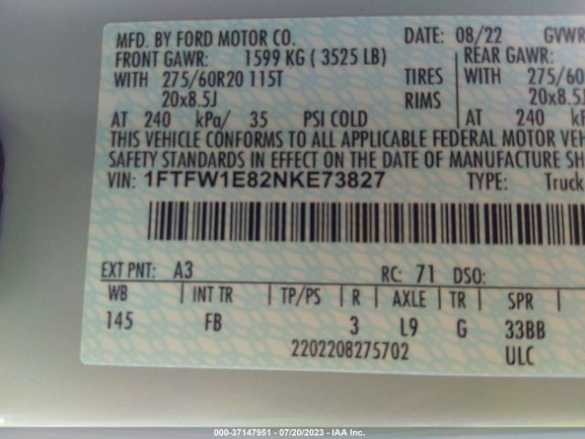 1FTFW1E82NKE73827 Ford F-150 Xl/xlt/lariat