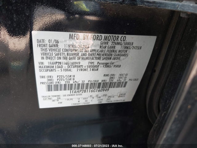2006 FORD FIVE HUNDRED LIMITED VIN: 1FAHP28116G160949