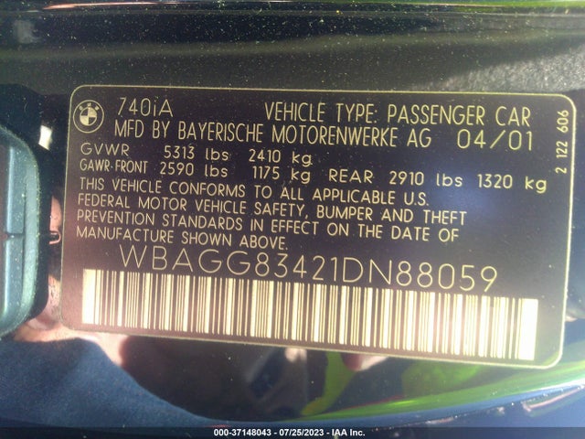 2001 BMW 7 SERIES 740IA VIN: WBAGG83421DN88059