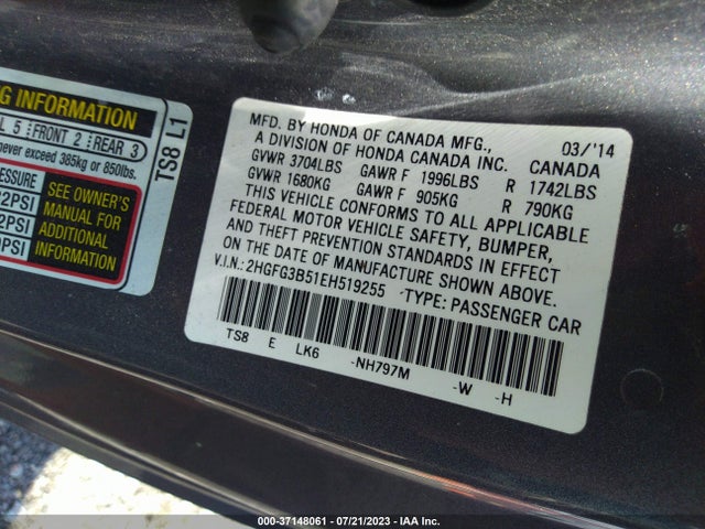 Honda Civic Coupe Lx 2014 2HGFG3B51EH519255 Image 9