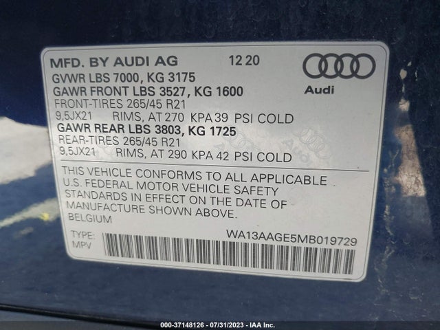 2021 Audi e-tron, VIN: WA13AAGE5MB019729