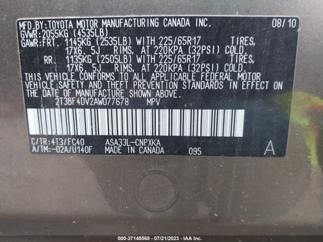 2010 TOYOTA RAV4 VIN: 2T3BF4DV2AW077678