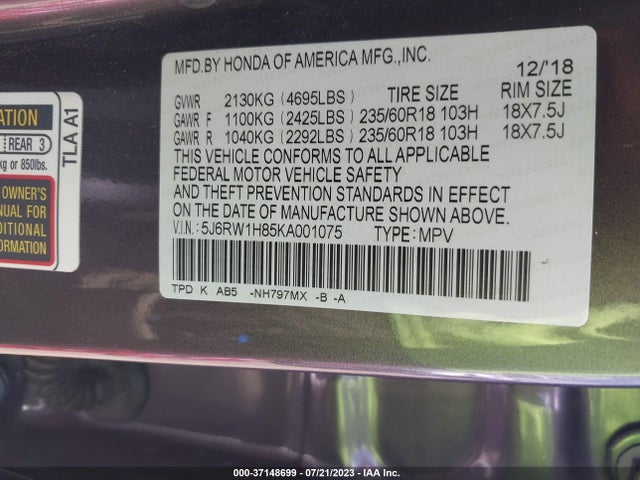 Honda Cr-v Ex-l 2019 5J6RW1H85KA001075 Image 9