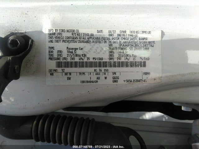2012 FORD FOCUS SE VIN: 1FAHP3K28CL387792