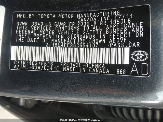 2011 TOYOTA COROLLA L/LE/S VIN: 2T1BU4EE8BC654407