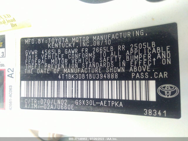 2011 TOYOTA AVALON VIN: 4T1BK3DB1BU394888