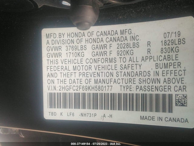 Honda Civic Sedan Lx 2019 2HGFC2F69KH580177 Image 9