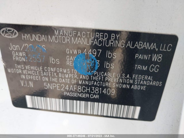 2016 HYUNDAI SONATA 2.4L SE VIN: 5NPE24AF8GH381409