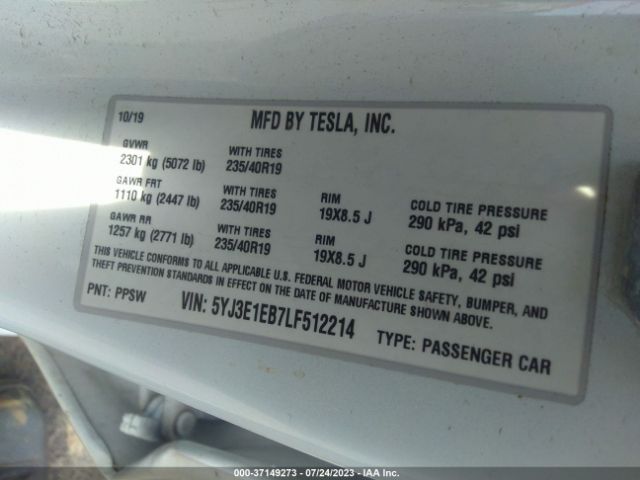 5YJ3E1EB7LF512214 Tesla Model 3 Long Range