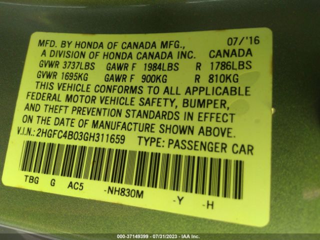 2HGFC4B03GH311659 Honda Civic Lx-p