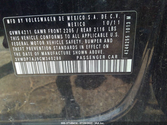 2012 VOLKSWAGEN JETTA SEDAN SE PZEV VIN: 3VWDP7AJ9CM340288