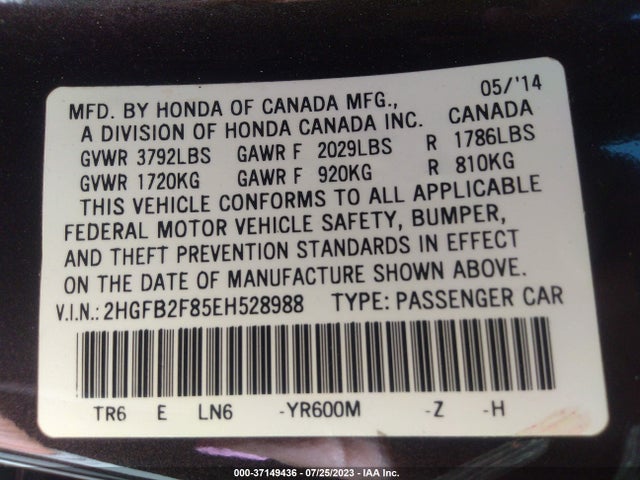 Honda Civic Sedan Ex 2014 2HGFB2F85EH528988 Image 9