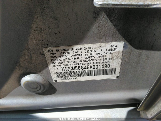 2005 HONDA ACCORD SDN EX-L VIN: 1HGCM56845A001490