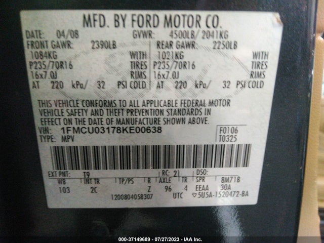 2008 FORD ESCAPE XLT VIN: 1FMCU03178KE00638