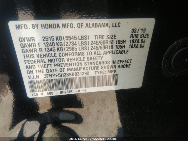 Honda Pilot Ex 2019 5FNYF5H33KB031292 Image 9