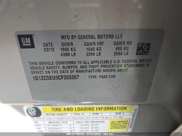 2012 CHEVROLET MALIBU LT W/1LT VIN: 1G1ZC5EU0CF293397