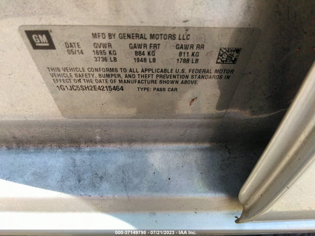 Chevrolet SONIC LT 2014 1G1JC5SH2E4215464 Image 9