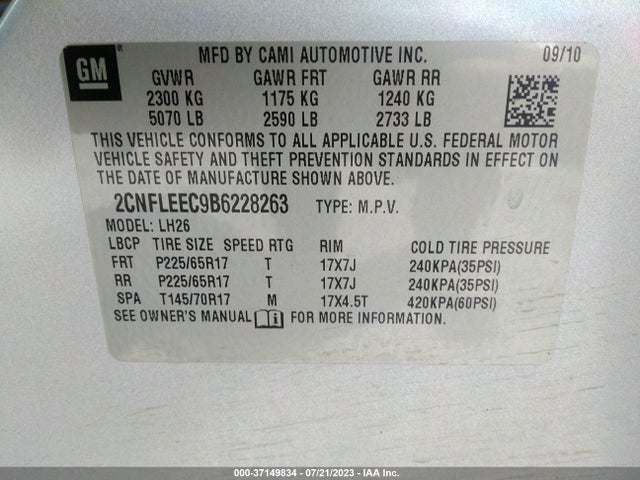 2011 CHEVROLET EQUINOX LT W/1LT VIN: 2CNFLEEC9B6228263