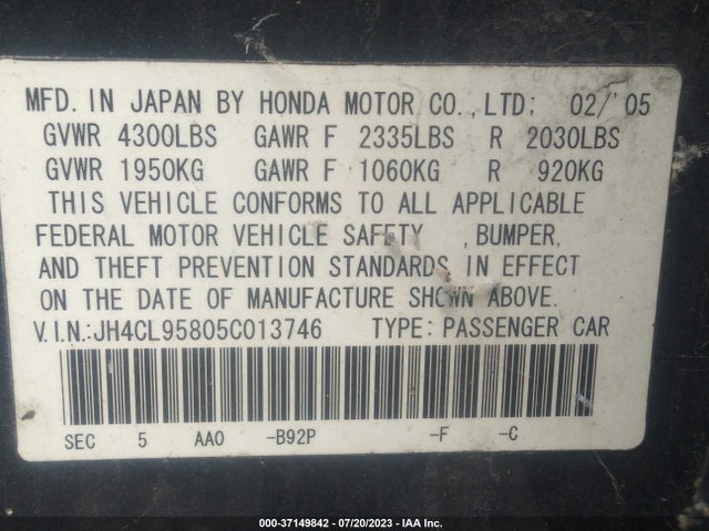 2005 ACURA TSX VIN: JH4CL95805C013746