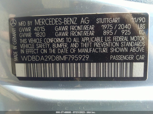 1991 MERCEDES-BENZ 190 E 2.6 VIN: WDBDA29D8MF795929