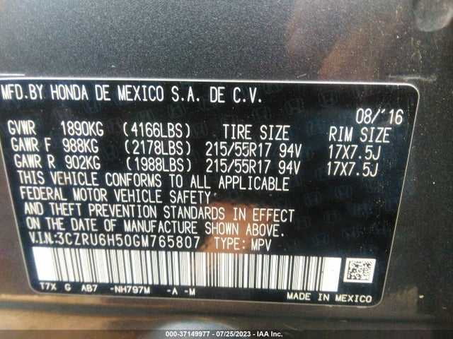 Honda HR-V EX 2016 3CZRU6H50GM765807 Image 9