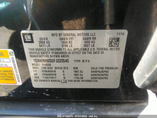 Chevrolet Traverse Lt 2015 1GNKRHKD2FJ220540 Image 9
