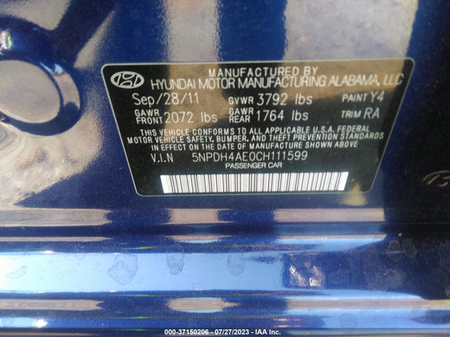 2012 HYUNDAI ELANTRA GLS PZEV VIN: 5NPDH4AE0CH111599