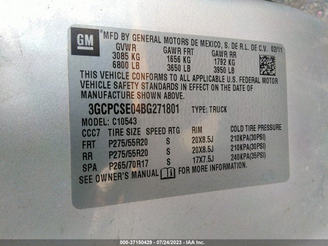 2011 CHEVROLET SILVERADO 1500 LT VIN: 3GCPCSE04BG271801