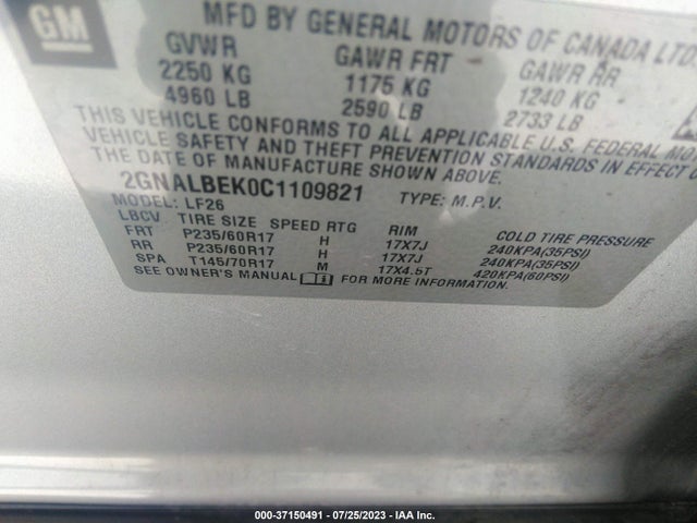 2012 CHEVROLET EQUINOX LS VIN: 2GNALBEK0C1109821