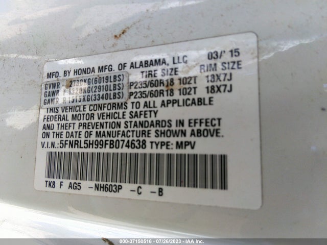 2015 HONDA ODYSSEY TOURING VIN: 5FNRL5H99FB074638