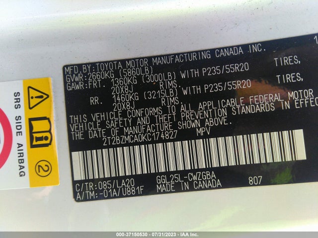 2019 Lexus RX, VIN: 2T2BZMCA0KC174827