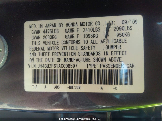 2010 ACURA TSX VIN: JH4CU2F61AC008597