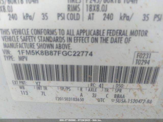 1FM5K8B87FGC22774 Ford Explorer Base