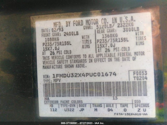 1993 FORD EXPLORER VIN: 1FMDU32X4PUC01674