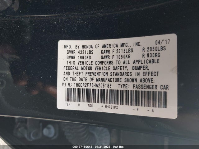 2017 HONDA ACCORD SEDAN EX VIN: 1HGCR2F76HA205185