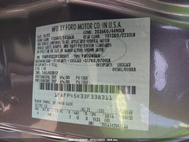 2003 FORD MUSTANG GT VIN: 1FAFP45X33F338311