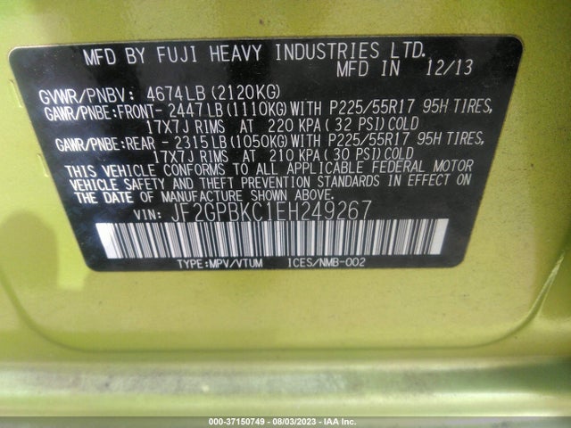 2014 SUBARU XV CROSSTREK HYBRID 2.0I HYBRID TOURING VIN: JF2GPBKC1EH249267