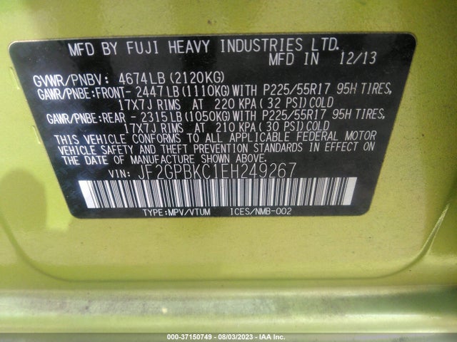 2014 SUBARU XV CROSSTREK HYBRID 2.0I HYBRID TOURING VIN: JF2GPBKC1EH249267