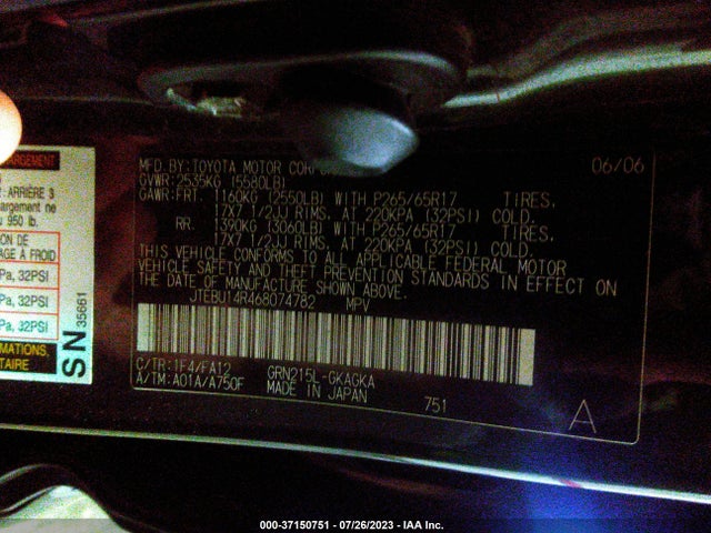 2006 TOYOTA 4RUNNER SR5 VIN: JTEBU14R468074782