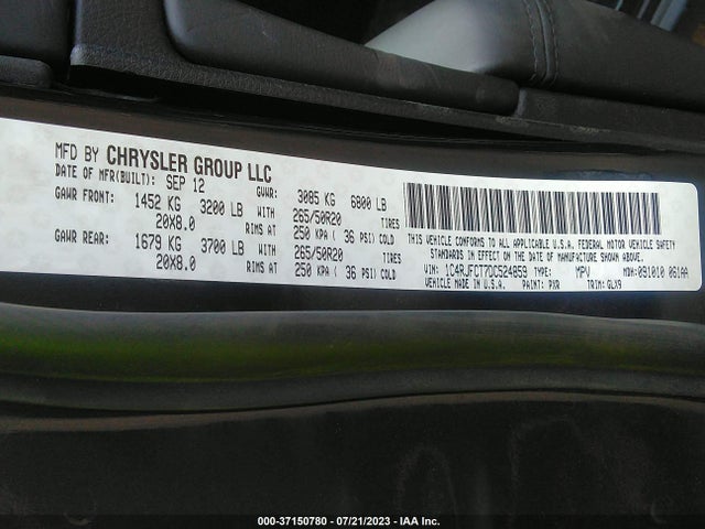2013 JEEP GRAND CHEROKEE OVERLAND VIN: 1C4RJFCT7DC524859