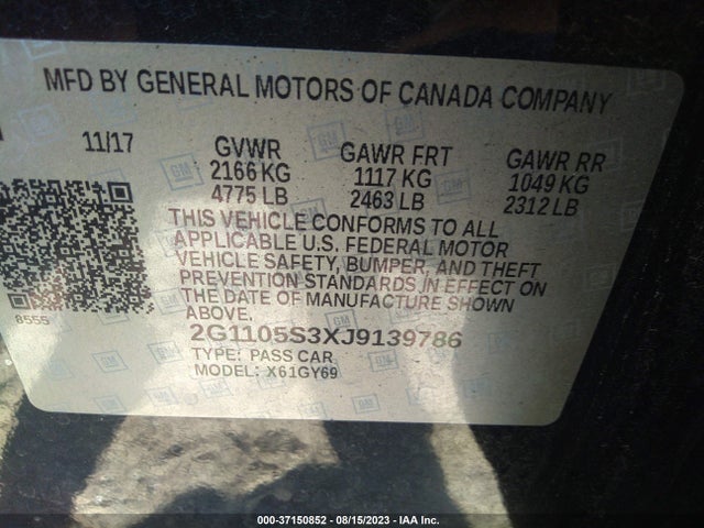 2018 CHEVROLET IMPALA LT VIN: 2G1105S3XJ9139786