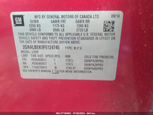 Chevrolet EQUINOX 1LT 2015 2GNALBEK9F6124745 Image 9