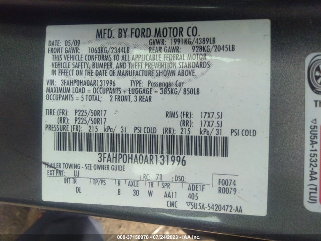 2010 FORD FUSION SE VIN: 3FAHP0HA0AR131996
